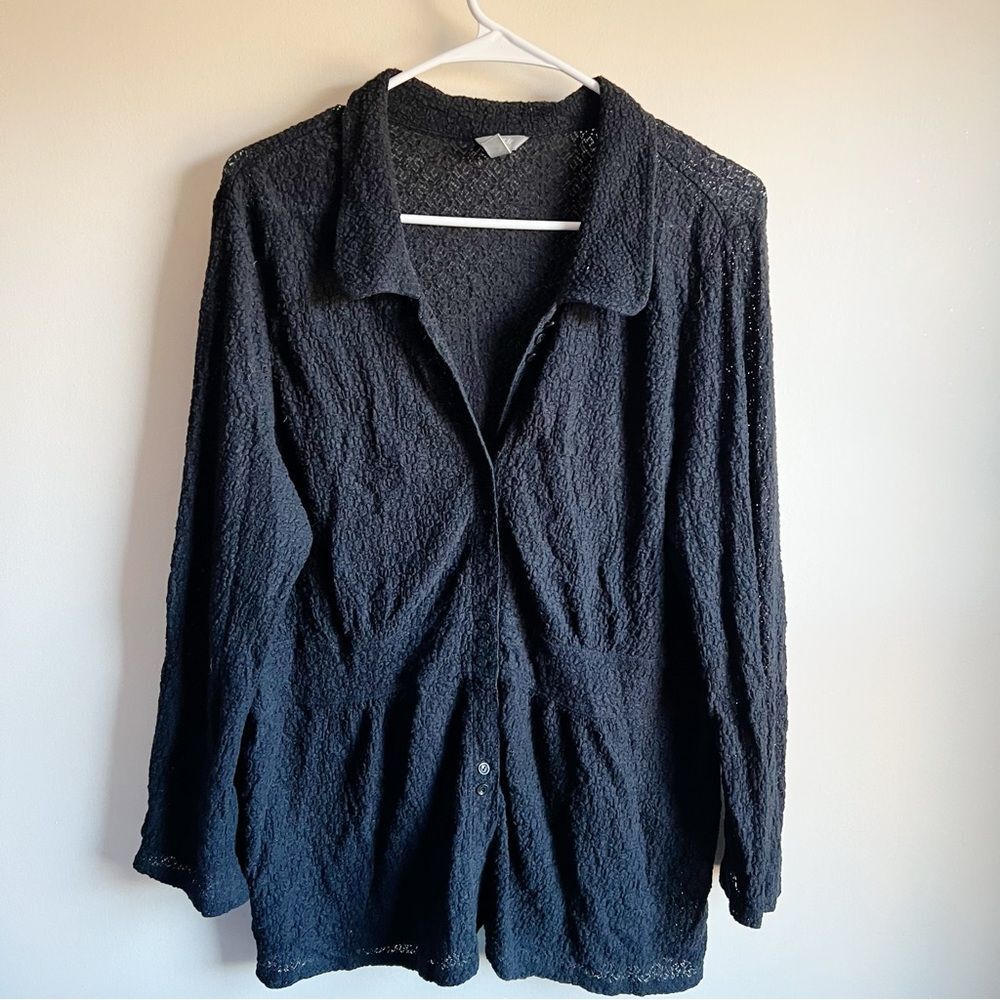 J Jill Black Textured Witchy Witchycore Stretch Button Blouse Lace Goth
